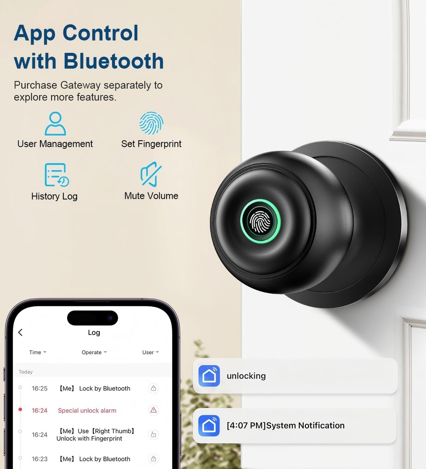 Fingerprint Door Lock, Smart Fingerprint Door Knob with Lock, Biometric Door Locks with App Control & Key, Keyless Thumbprint Entry Door Locks for Bedroom, Front Door, Home, Apartment-Silver