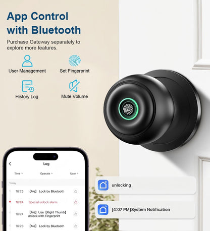 Fingerprint Door Lock, Smart Fingerprint Door Knob with Lock, Biometric Door Locks with App Control & Key, Keyless Thumbprint Entry Door Locks for Bedroom, Front Door, Home, Apartment-Silver