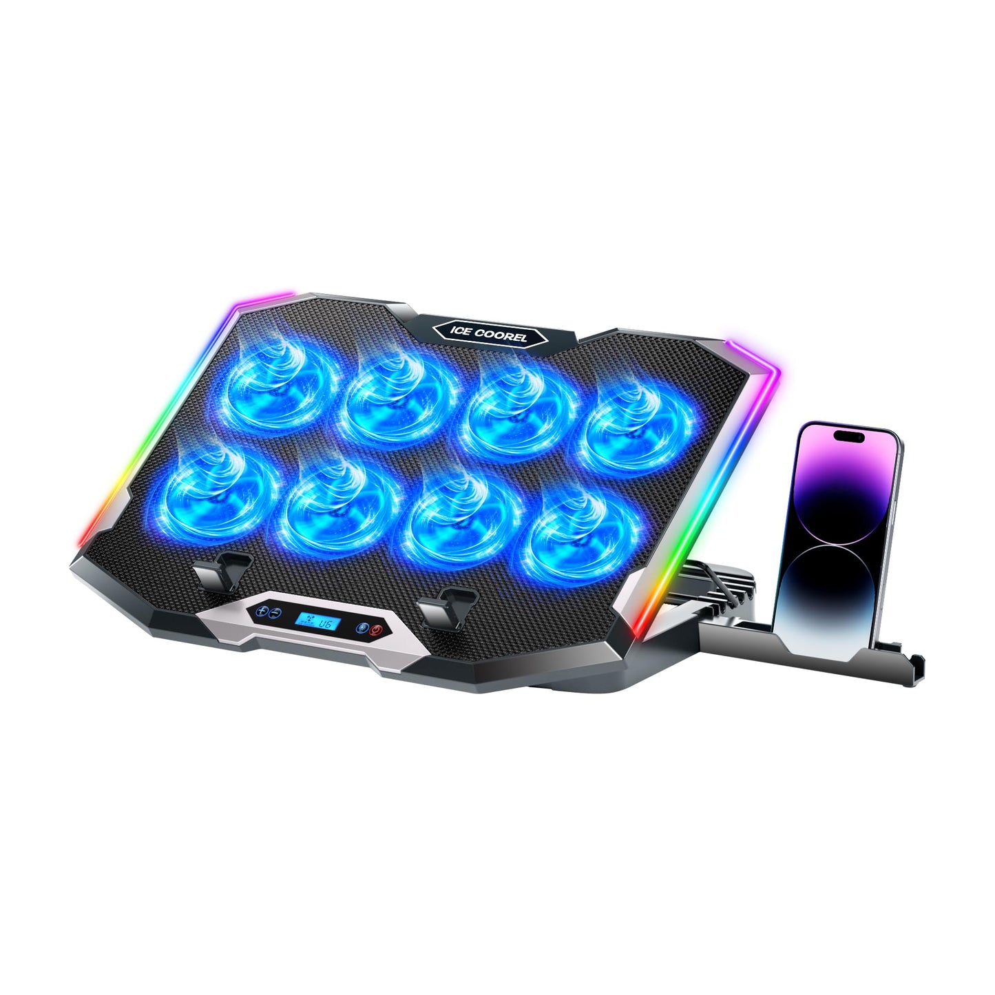 ICE COOREL Gaming Laptop Cooling Pad 15-17.3 Inch, Laptop Fan with 6 RGB Cooling Fans, Laptop Cooling Stand with 6 Height Adjustable, Laptop Cooler with LCD Screen, 2 USB Ports, Phone Stand