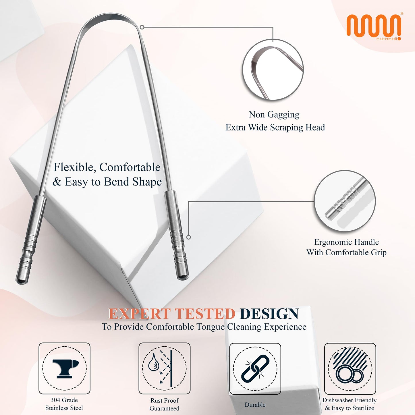 MasterMedi Tongue Scraper for Adults with Multicolor Travel Cases (2 Pack), 100% Stainless Steel, Reduce Bad Breath, Tongue Scrubber, Easy to Use, Tongue Cleaner for Oral Care & Hygiene