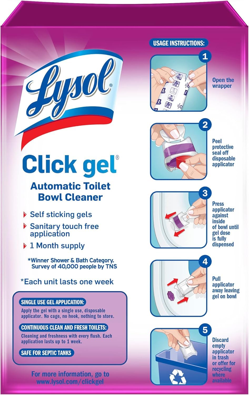 Lysol Click Gel Toilet Bowl Cleaner, Gel Stamp, Lavender, 6 Count