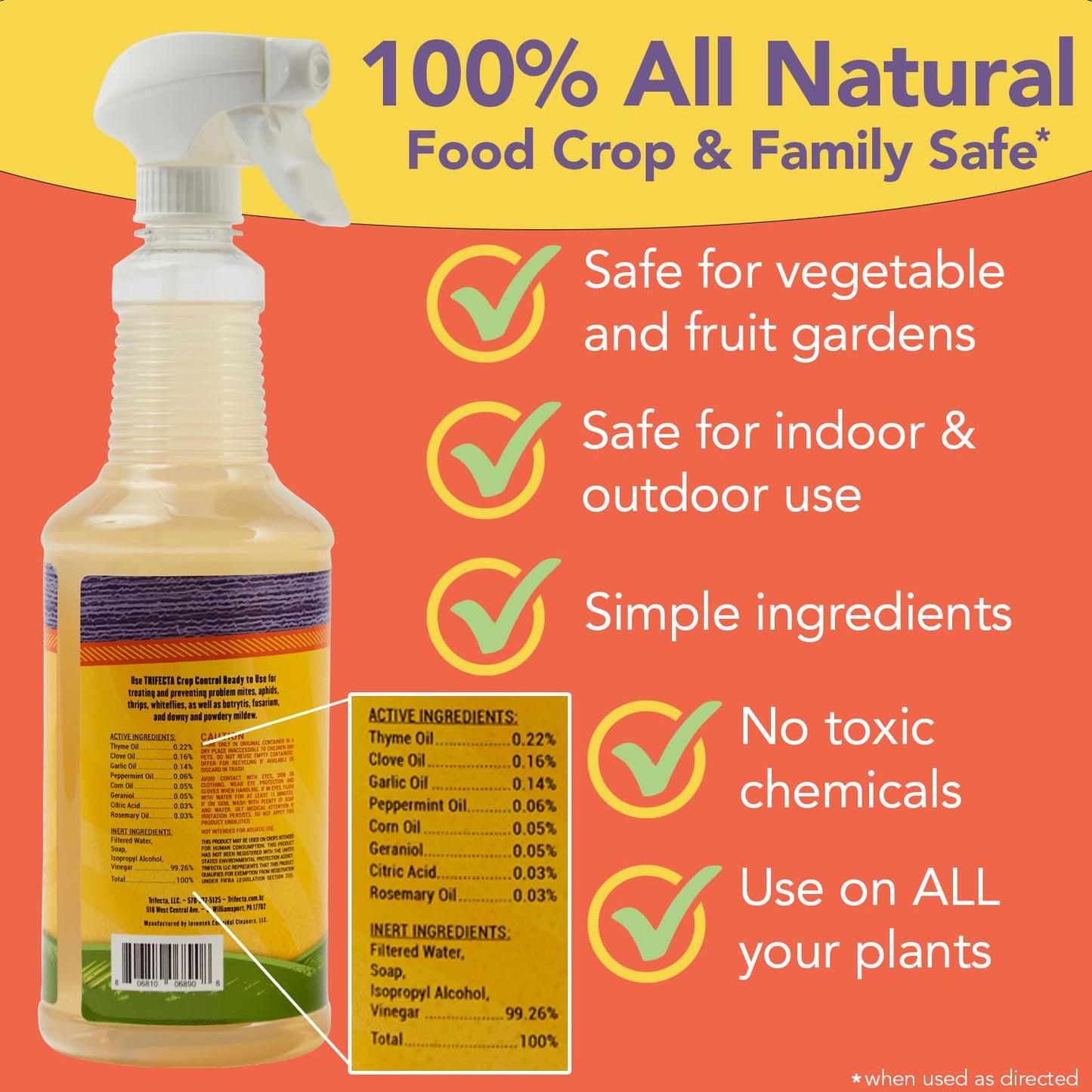 Trifecta Crop Control Ready to Use Maximum Strength Natural Pesticide, Fungicide, Miticide, Insecticide, Help Defeat Spider Mites, Powdery Mildew, Botrytis and Mold on Plants 32 OZ Size