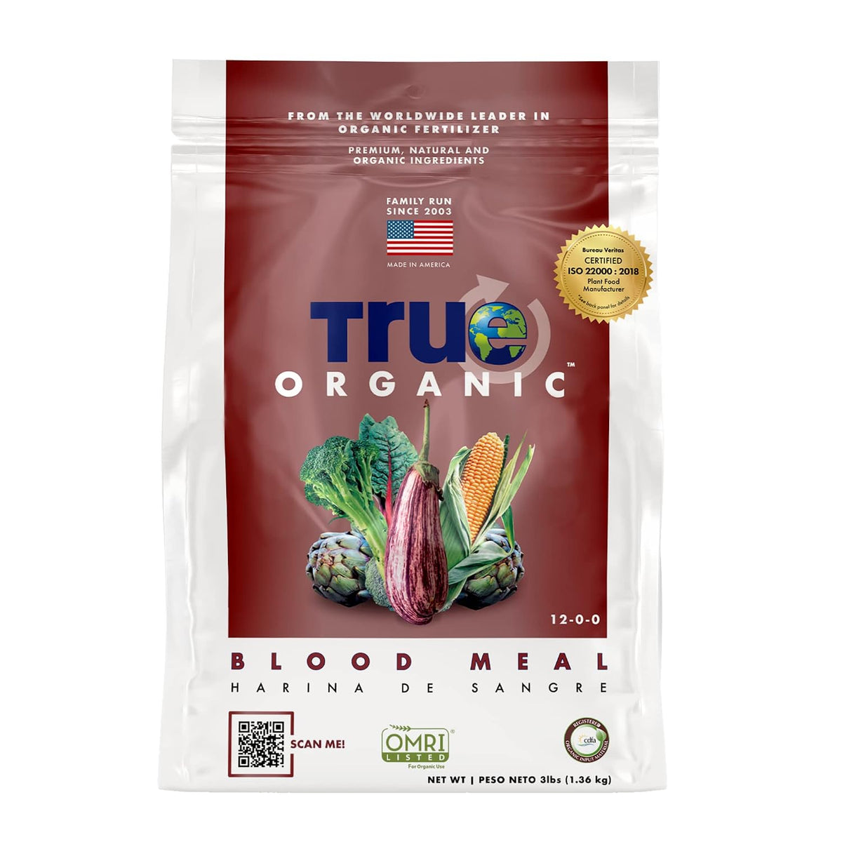 True Organic Blood Meal – High-Nitrogen Organic Fertilizer for Rapid Vegetative Growth – 3lb Bag Covers 104 Sq. Ft.