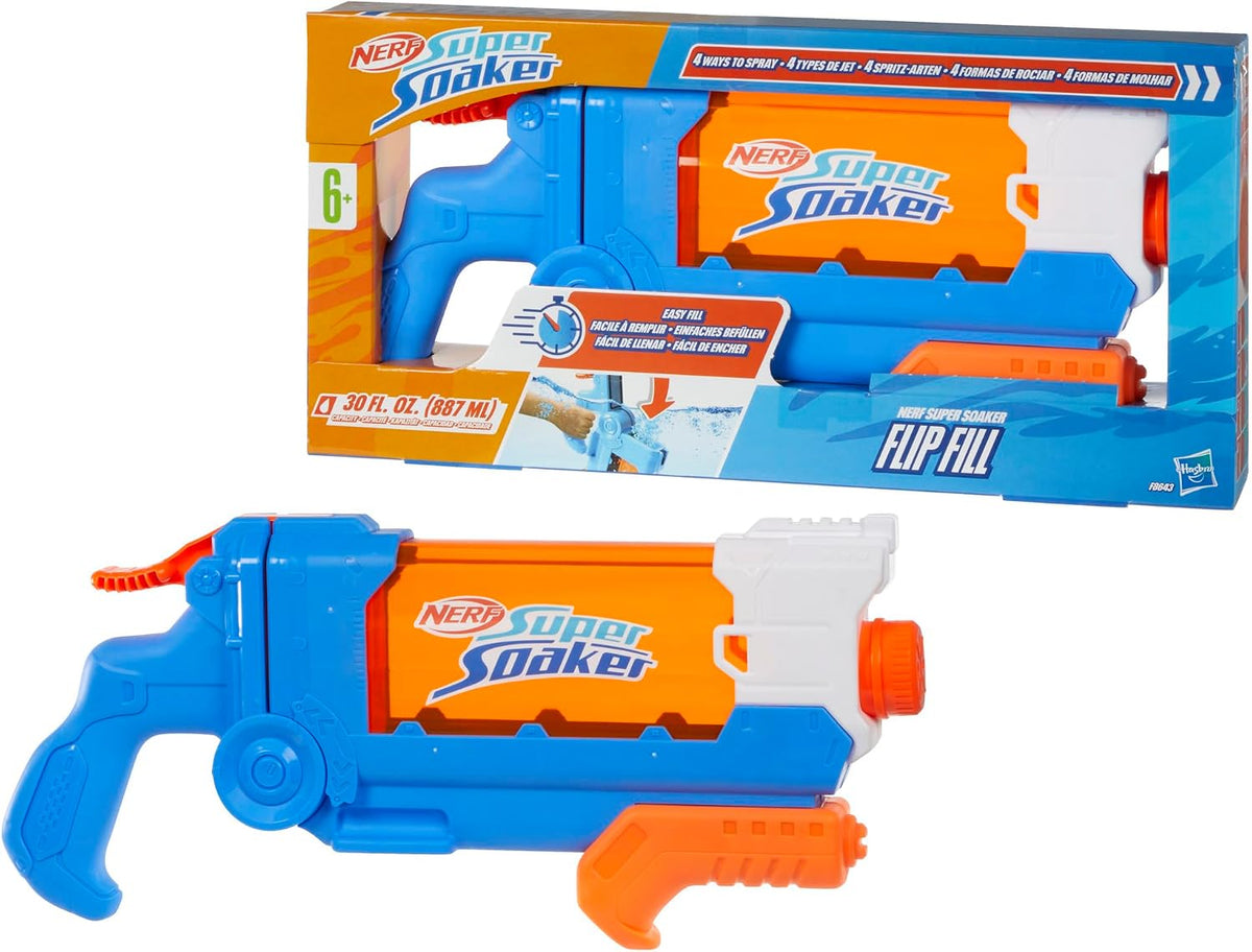 Nerf Super Soaker Flip Fill Water Blaster, 4 Spray Styles, Fast Fill, 30 Fluid Ounce Tank, Water Toys for 6 Year Old Boys & Girls & Up