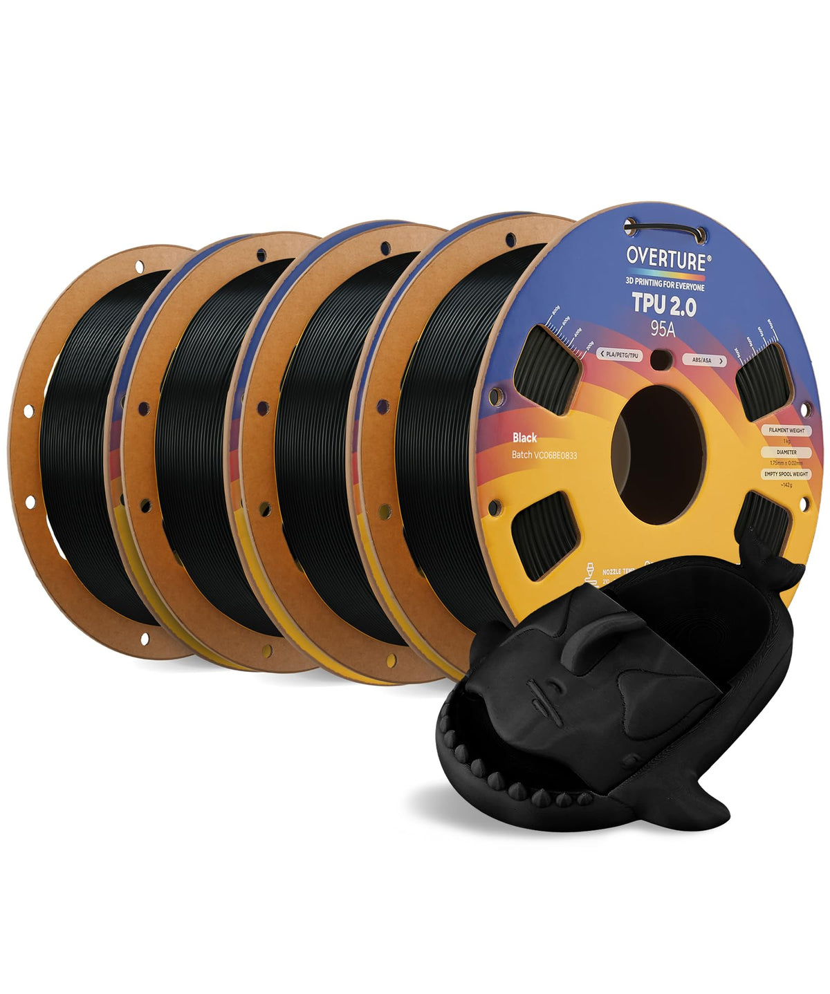 OVERTURE TPU 95A Flexible 3D Printer Filament 1.75mm, 1kg Black