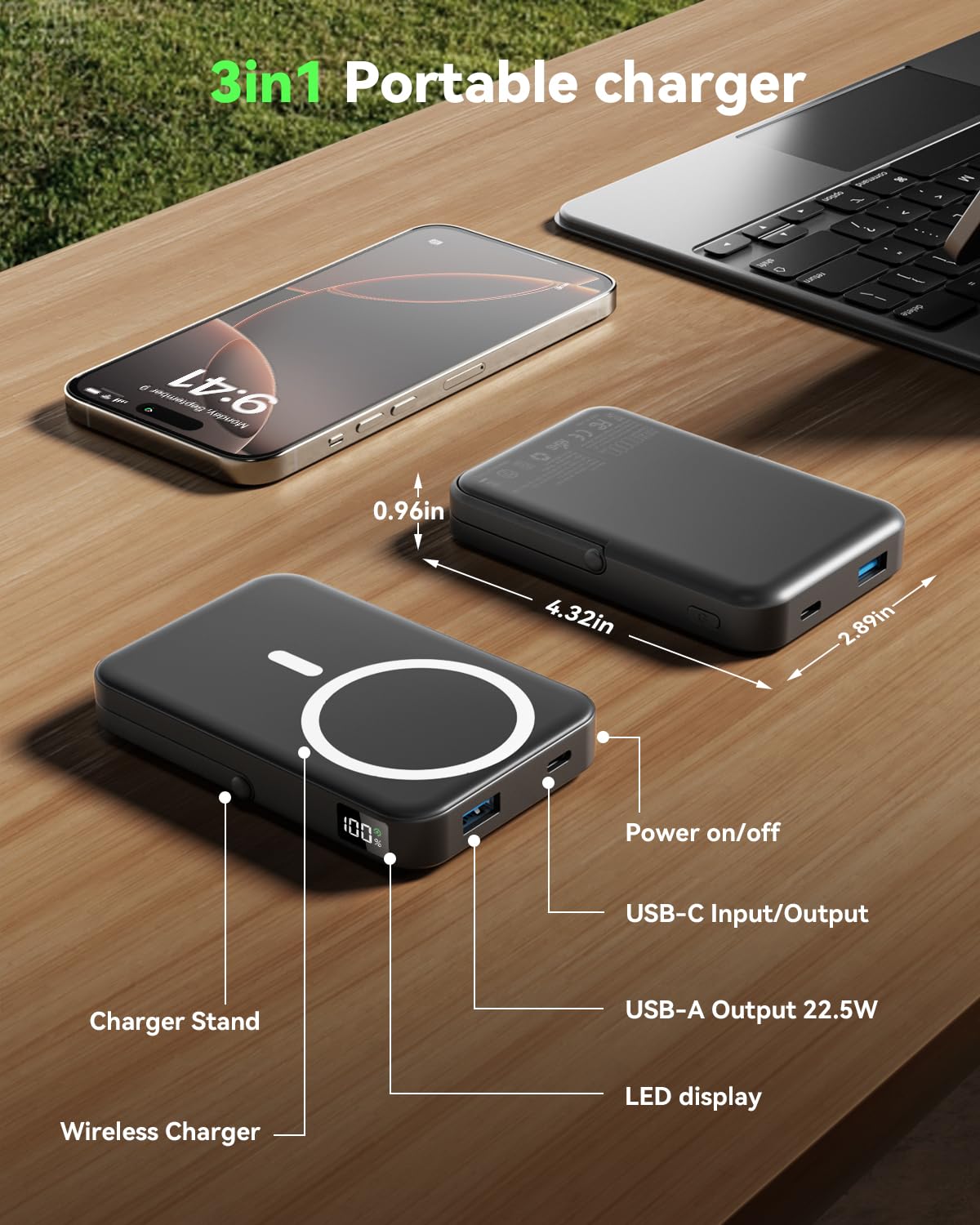 Magnetic Portable Charger,10000mAh Wireless Magnetic Power Bank with Stand for MagSafe Charger,LED Display Magnetic Battery Pack,Compatible with iPhone 16/15/14/13/12 All Series–Dark Blue