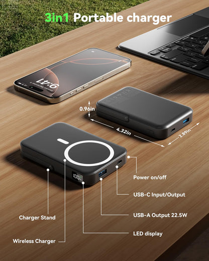 Magnetic Portable Charger,10000mAh Wireless Magnetic Power Bank with Stand for MagSafe Charger,LED Display Magnetic Battery Pack,Compatible with iPhone 16/15/14/13/12 All Series–Dark Blue