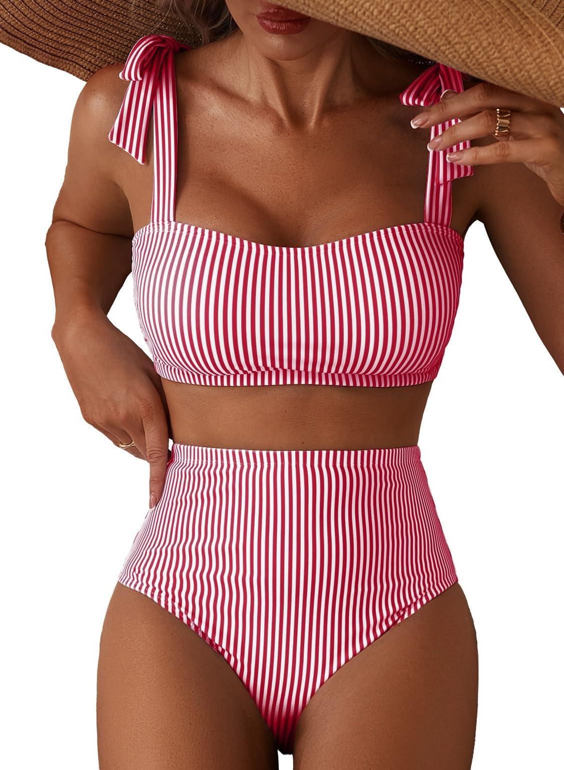 Herseas Women's Tie Shoulder Bikini Sets 2 Piece High Waisted Swimsuits