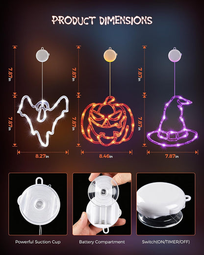 Minetom 3 Pack Halloween Windows Lights - Pumpkin, Ghost, Hat with Timer