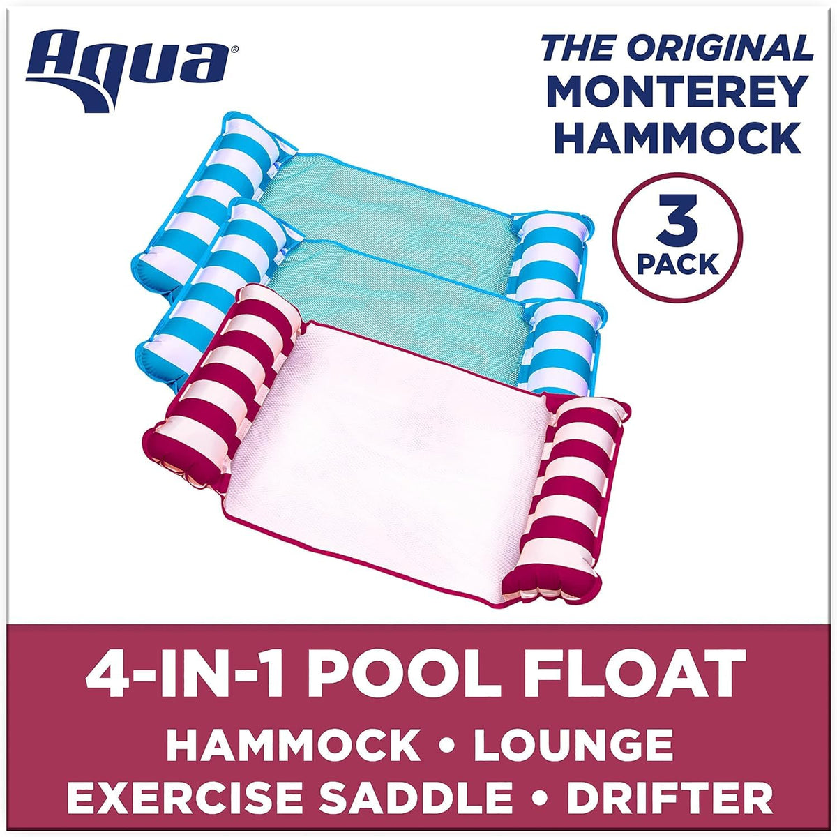 Aqua 4-in-1 Monterey Hammock Pool Float & Water Hammocks – 2-3-4 Multipacks – Multiple Colors/Styles – for Adults and Kids Floating