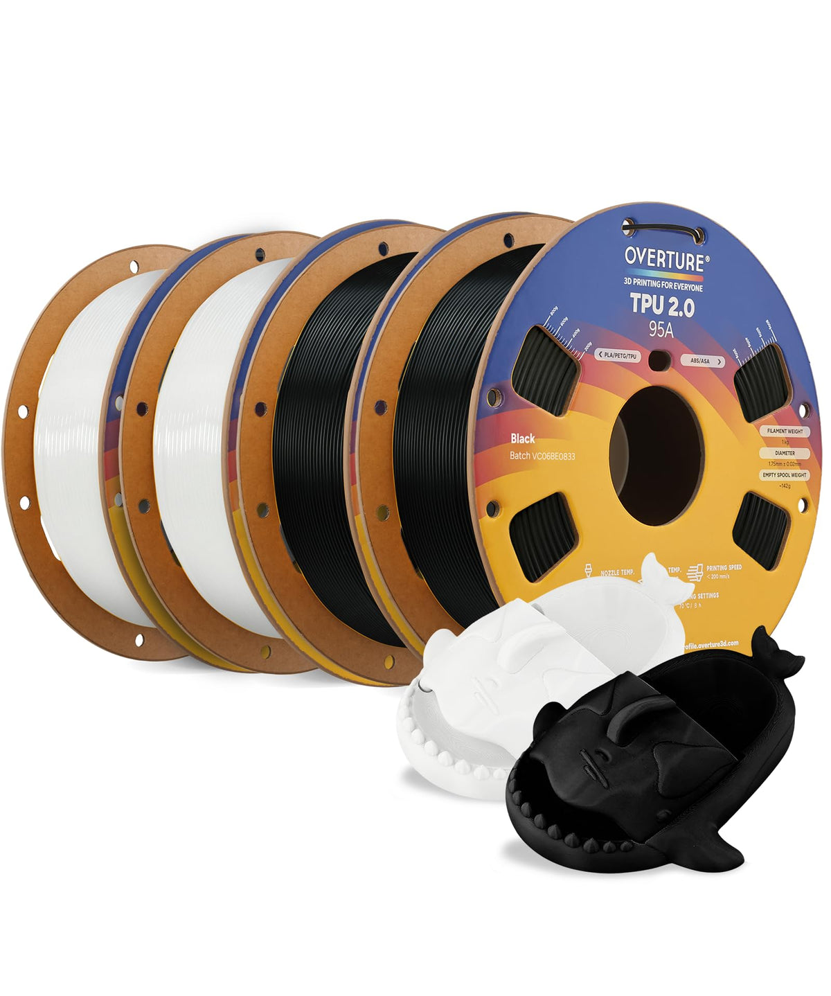 OVERTURE TPU 95A Flexible 3D Printer Filament 1.75mm, 1kg Black