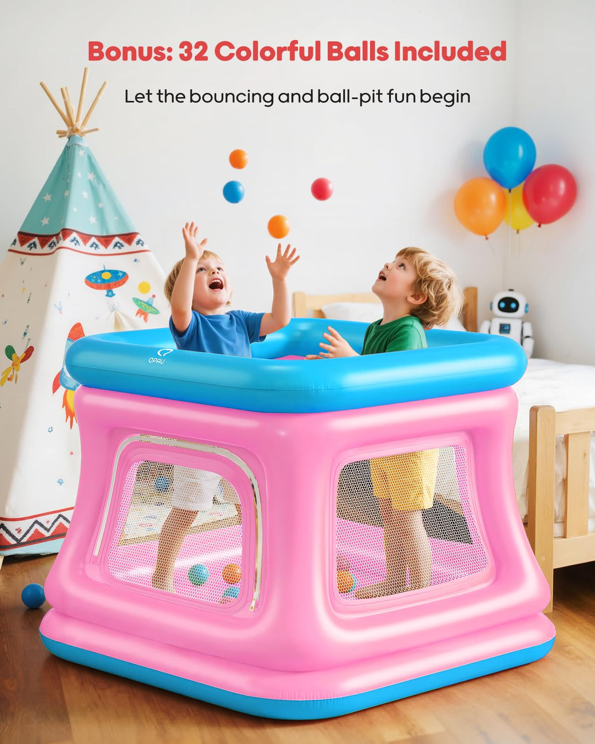 QPAU 3-in-1 Inflatable Bounce House with Pump for Toddlers 1-3
