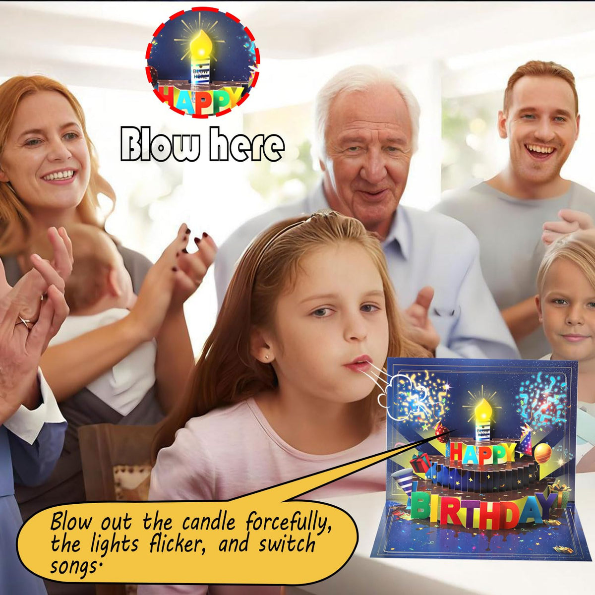 Pop Up Birthday Cards for Men, LED Light & Music Blow The Candle