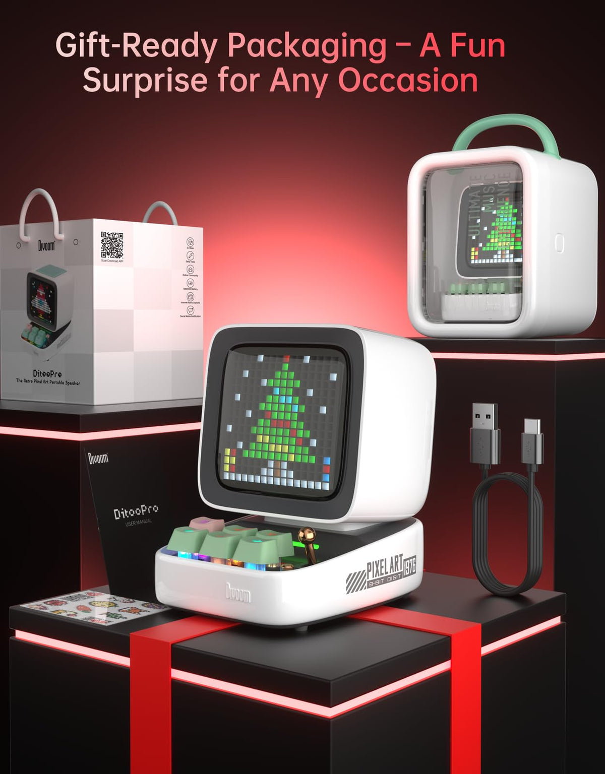 Divoom Ditoo Retro Pixel Art 15W Bluetooth Speaker,Cute Speaker with Alarm,White Noise & Mini Games,Iconic Desk Setup Speaker with 16X16 LED App Controlled Front Screen,Gifts for Anyone (Pink)