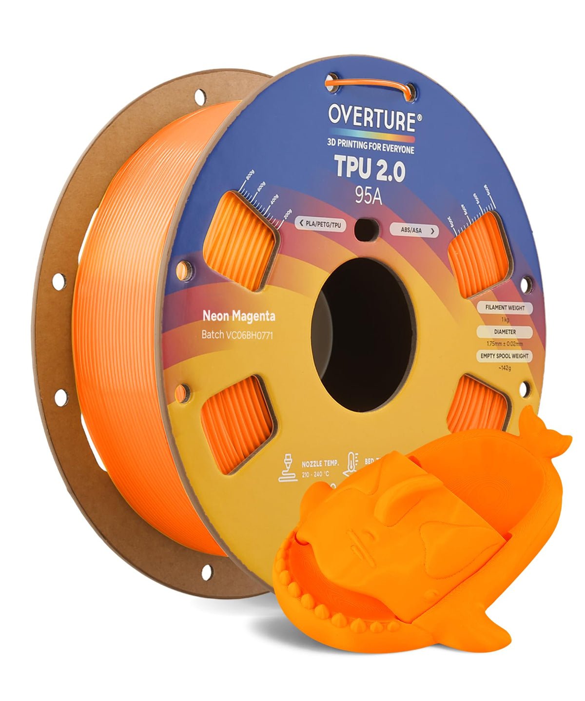 OVERTURE TPU 95A Flexible 3D Printer Filament 1.75mm, 1kg Black