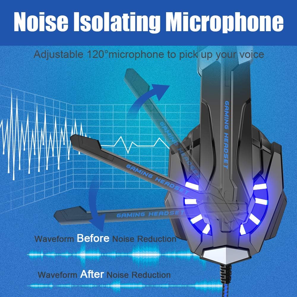 BENGOO G9000 Stereo Gaming Headset for PS4 PC Xbox One PS5 Controller, Noise Cancelling Over Ear Headphones with Mic, LED Light, 7.1 Surround Sound, Soft Memory Earmuffs for Nintendo Xbox Series X|S