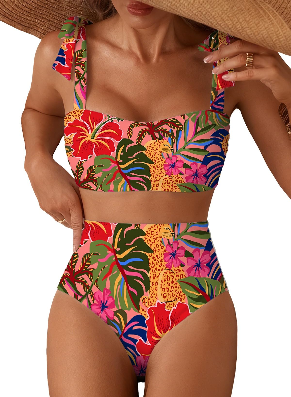 Herseas Women's Tie Shoulder Bikini Sets 2 Piece High Waisted Swimsuits