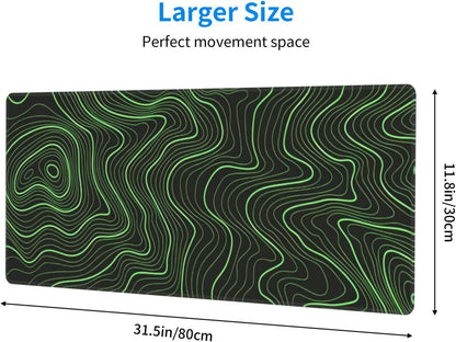Gaming Mouse Pad, Large Black and Green Line Topographic Mousepad Laptop, Extended Mouse Mat, Long XL Waterproof Keyboard Pads, Big Non-Slip Mousepads for Game Office Home, 31.5 x 11.8 in