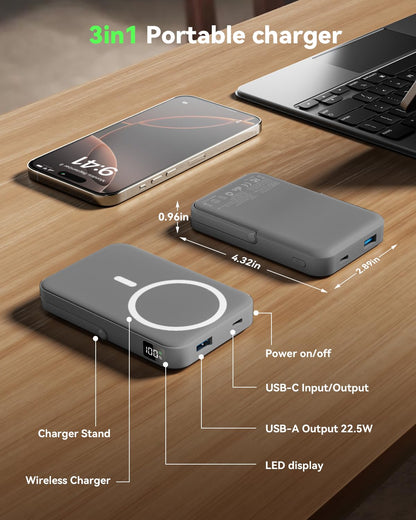 Magnetic Portable Charger,10000mAh Wireless Magnetic Power Bank with Stand for MagSafe Charger,LED Display Magnetic Battery Pack,Compatible with iPhone 16/15/14/13/12 All Series–Dark Blue