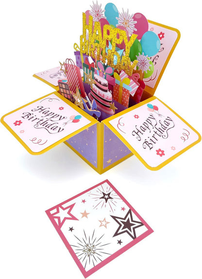 ROBBEAR Funny Happy Birthday Pop Up Card, Sweet 3D Birthday Gift Box for Adults and Kids with Envelopes, Unique Handmade Foldable Celebration Cards for Daughter, Son, Mom, Dad, Friend