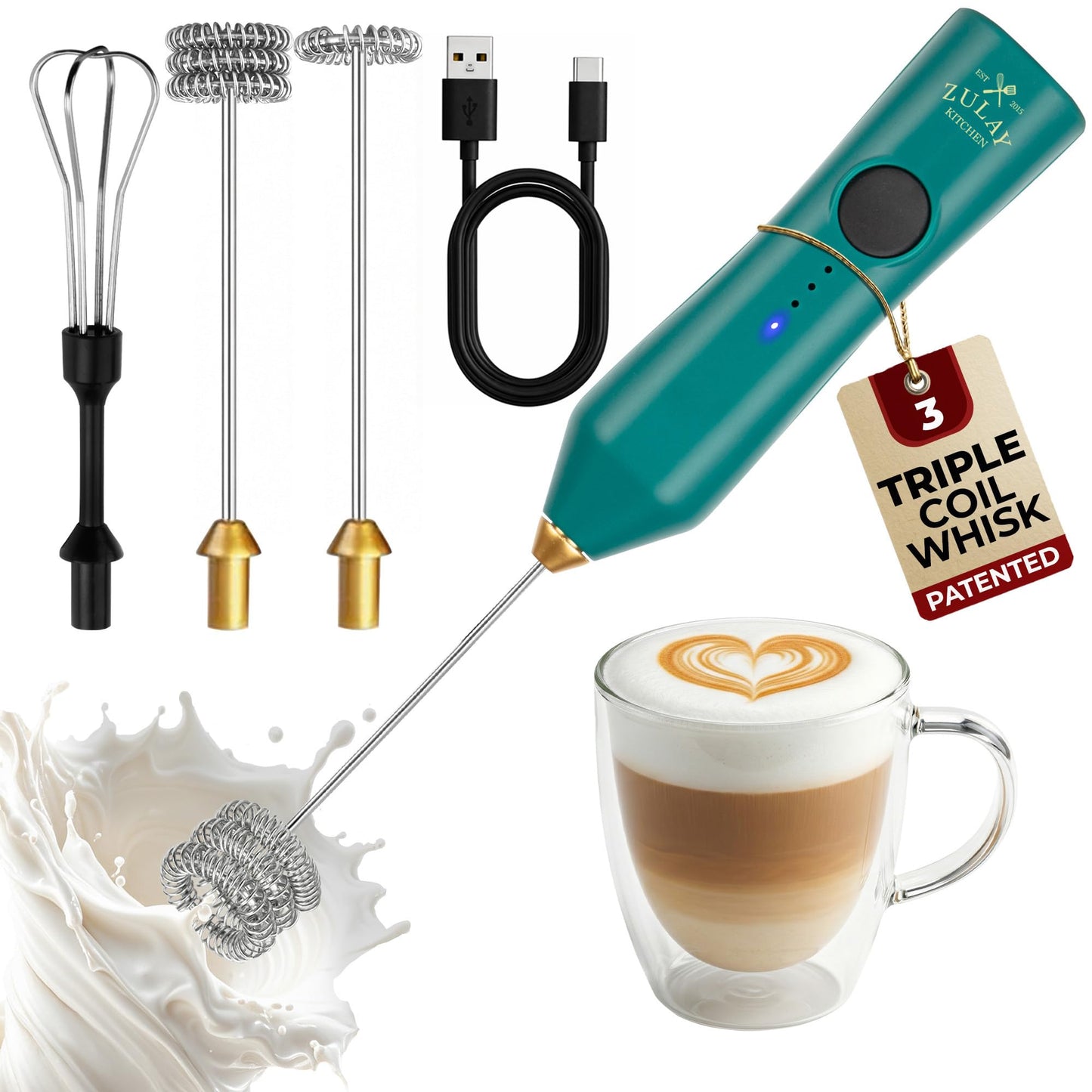 Zulay Kitchen Powerful Milk Frother Wand With 2 Duracell Batteries - Ultra Fast Handheld Drink Mixer - Electric Whisk Foam Maker for Coffee, Lattes, Cappuccino, Matcha, Hot Chocolate & Creamer - Black