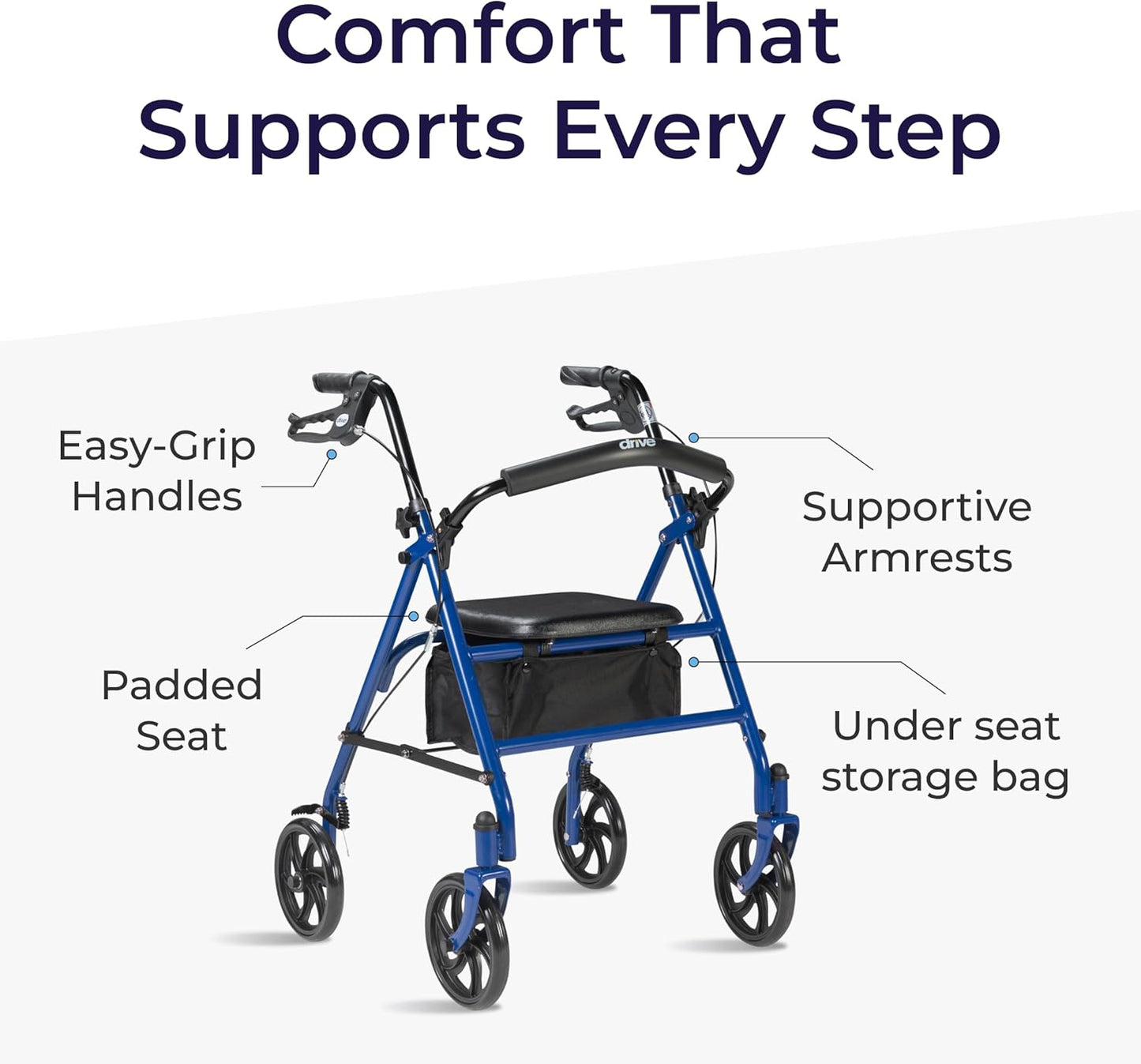 Drive Medical 10257BL-1 4 Wheel Rollator Walker With Seat, Steel Rolling Walker, Height Adjustable, 7.5" Wheels, Removable Back Support, 300 Pound Weight Capacity, Blue