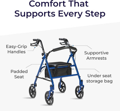 Drive Medical 10257BL-1 4 Wheel Rollator Walker With Seat, Steel Rolling Walker, Height Adjustable, 7.5" Wheels, Removable Back Support, 300 Pound Weight Capacity, Blue