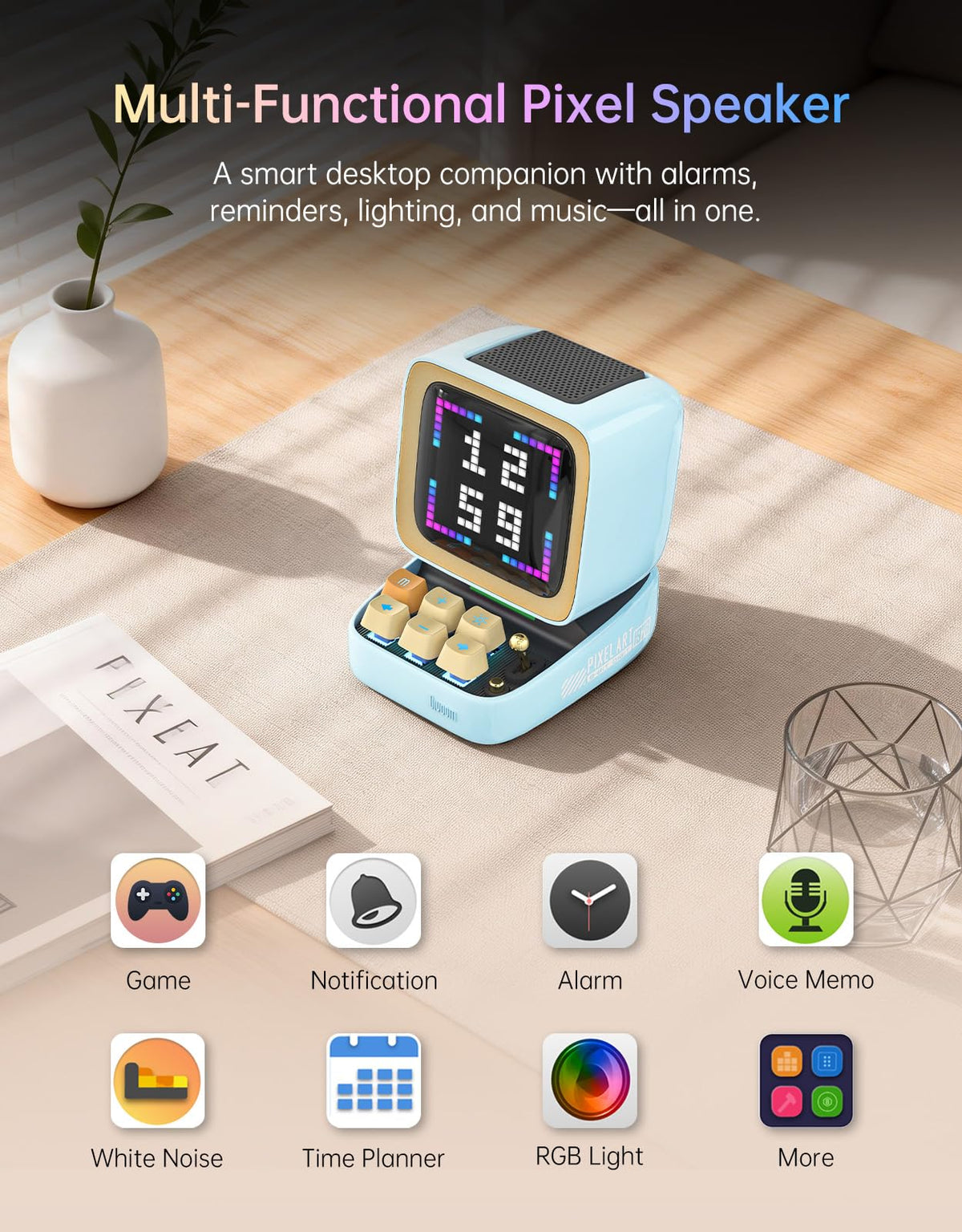 Divoom Ditoo Retro Pixel Art 15W Bluetooth Speaker,Cute Speaker with Alarm,White Noise & Mini Games,Iconic Desk Setup Speaker with 16X16 LED App Controlled Front Screen,Gifts for Anyone (Pink)