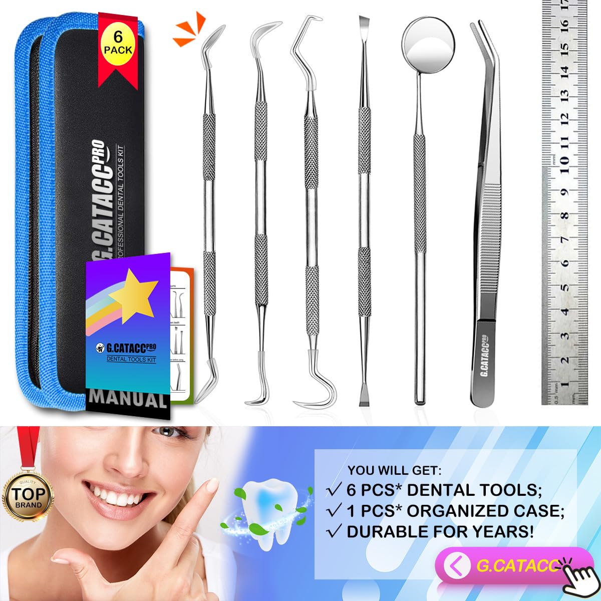 G.CATACC Dental Tools, Dental Pick Teeth Cleaning Tools Hygiene Kit, Plaque Remover for Teeth, Professional Stainless Steel Tooth Scraper Plaque Tartar Cleaner - with Case