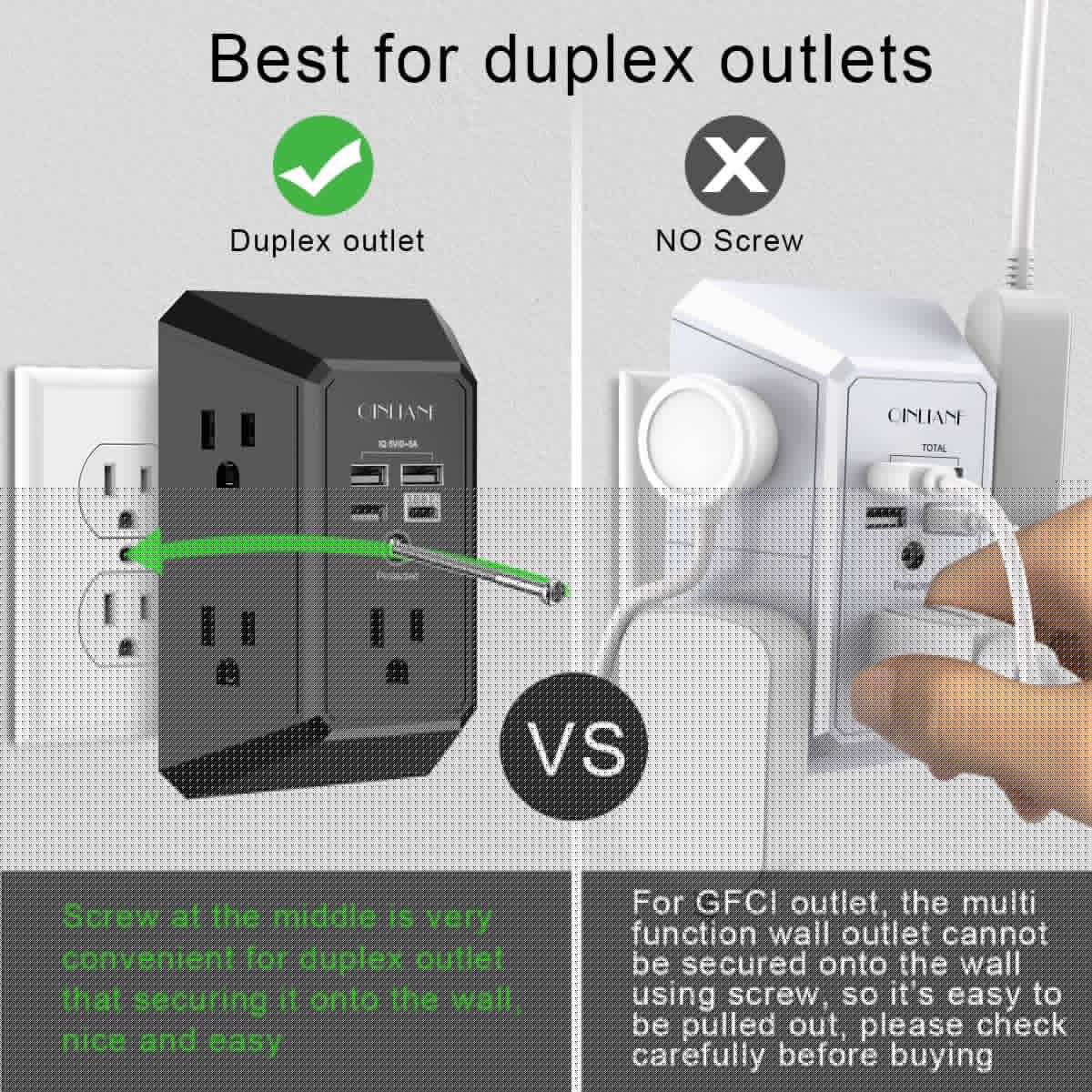 Wall Charger, Surge Protector, QINLIANF 5 Outlet Extender with 4 USB Charging Ports, 3-Sided 1680J Power Strip Multi Plug Adapter Spaced for Home Travel Office