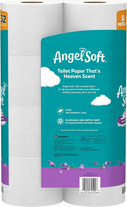 Angel Soft Toilet Paper, Fresh Lavender Scented Tube, 8 Mega Rolls, 2-Ply