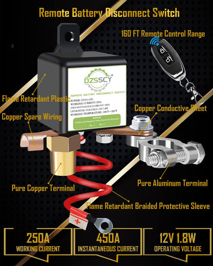 Remote Battery Disconnect Switch 12v, 250A, Upgrade Prevent Battery Drain, Disconnect Negative Car Kill Switch Anti-Theft, Remote Battery Kill Switch for Car, Truck, RV