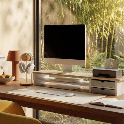 Fenge Monitor Stand, Desk Computer Riser with Frosted Storage Drawer, Oak