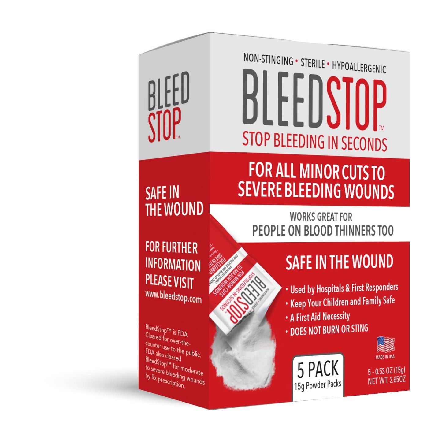 BleedStop™ First Aid Powder for Blood Clotting, Trauma Kit, Blood Thinner Patients, Camping Safety, and Survival Equipment for Moderate to Severe Bleeding Wounds or Nosebleeds - 4 (15g) Pouches