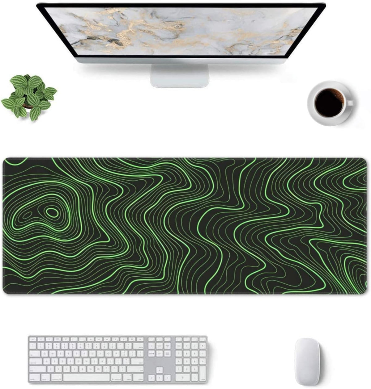 Gaming Mouse Pad, Large Black and Green Line Topographic Mousepad Laptop, Extended Mouse Mat, Long XL Waterproof Keyboard Pads, Big Non-Slip Mousepads for Game Office Home, 31.5 x 11.8 in