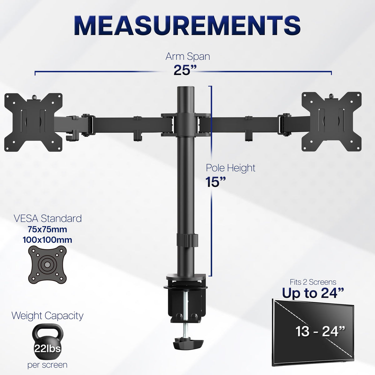 VIVO Dual Monitor Desk Mount, Holds 2 Computer Screens up to 30 inches and 22lbs Each, Heavy Duty Fully Adjustable Steel Stand with C-Clamp and Grommet, Black, STAND-V002