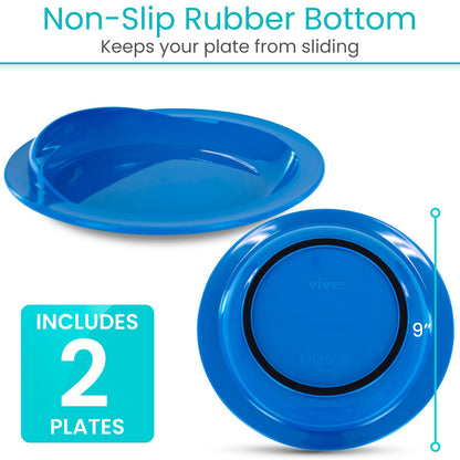 Vive Spill-Proof Scoop Plate, 9" (2 Pack) - Dish with Wall for Disabled, Handicapped, Elderly Adults with Special Needs from Parkinsons, Dementia, Stroke, Tremors with - Non Skid Padded Bottom