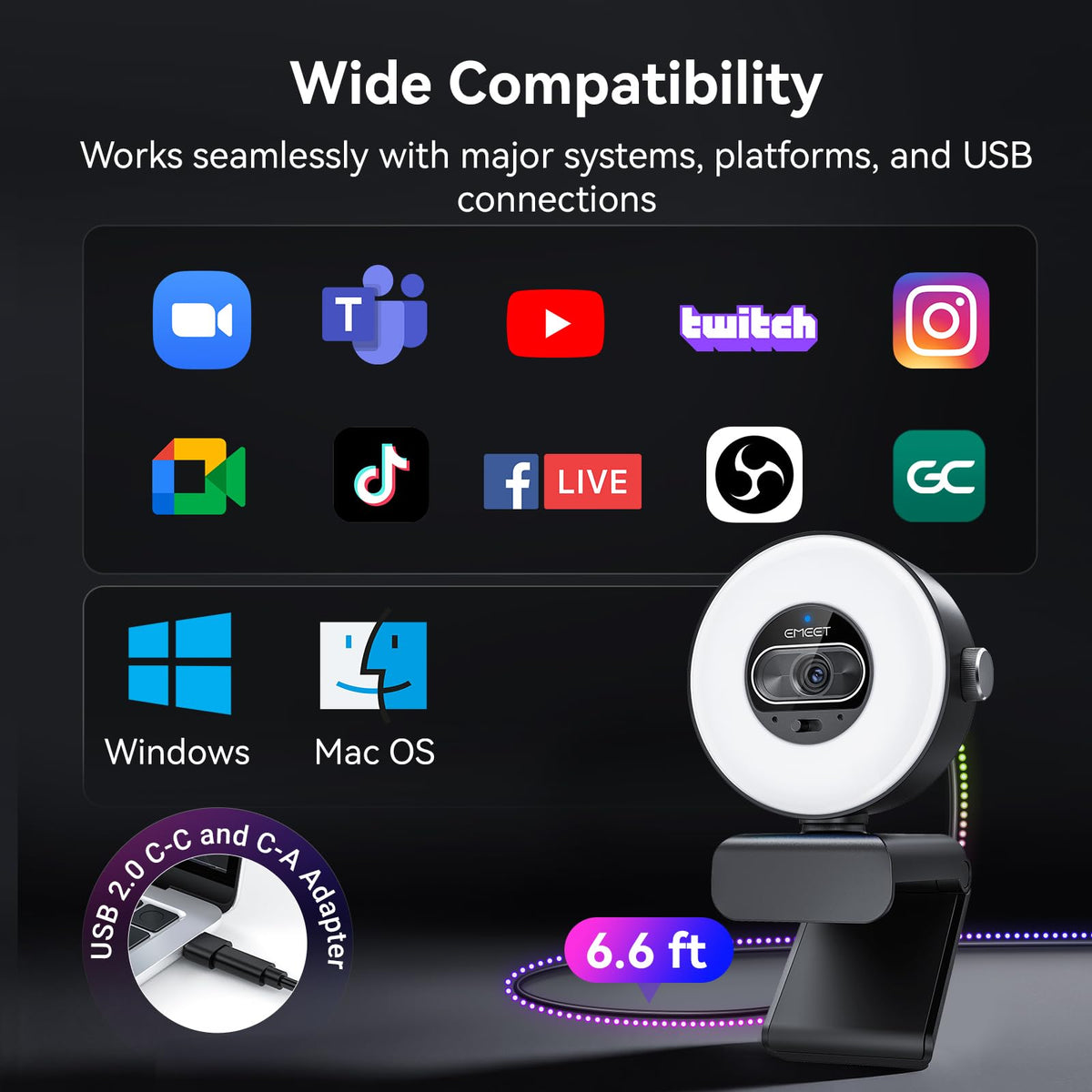 EMEET S600 4K Webcam for Streaming, Sony 1/2.55'' Sensor, PDAF Autofocus