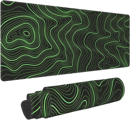 Gaming Mouse Pad, Large Black and Green Line Topographic Mousepad Laptop, Extended Mouse Mat, Long XL Waterproof Keyboard Pads, Big Non-Slip Mousepads for Game Office Home, 31.5 x 11.8 in
