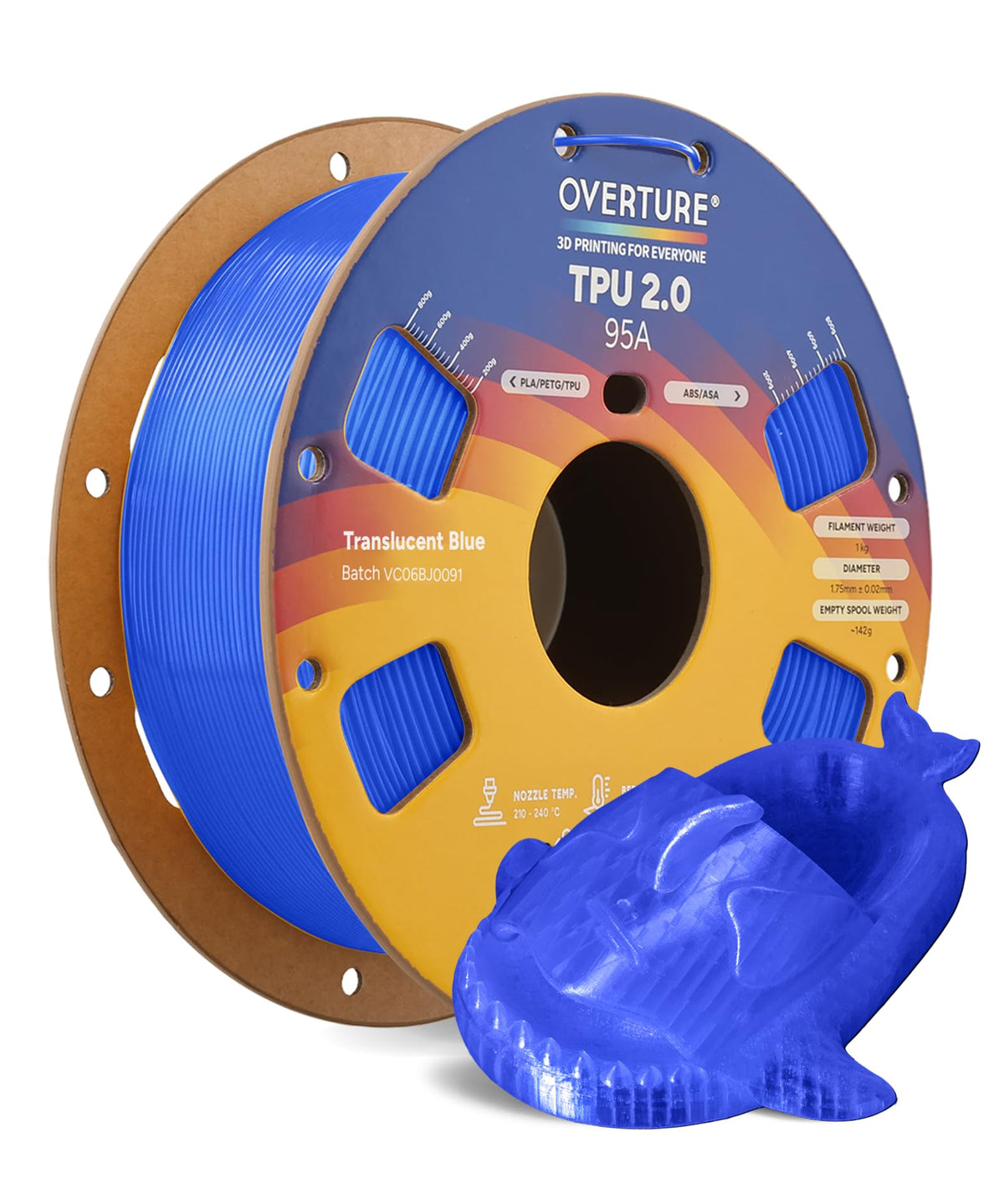 OVERTURE TPU 95A Flexible 3D Printer Filament 1.75mm, 1kg Black