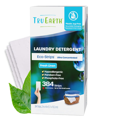 Tru Earth Compact Dry Laundry Detergent - Up to 128 Loads (64 Sheets) - Paraben-Free - Original Eco-Strip Liquidless Detergent, Travel - Fresh Linen | Packaging May Vary