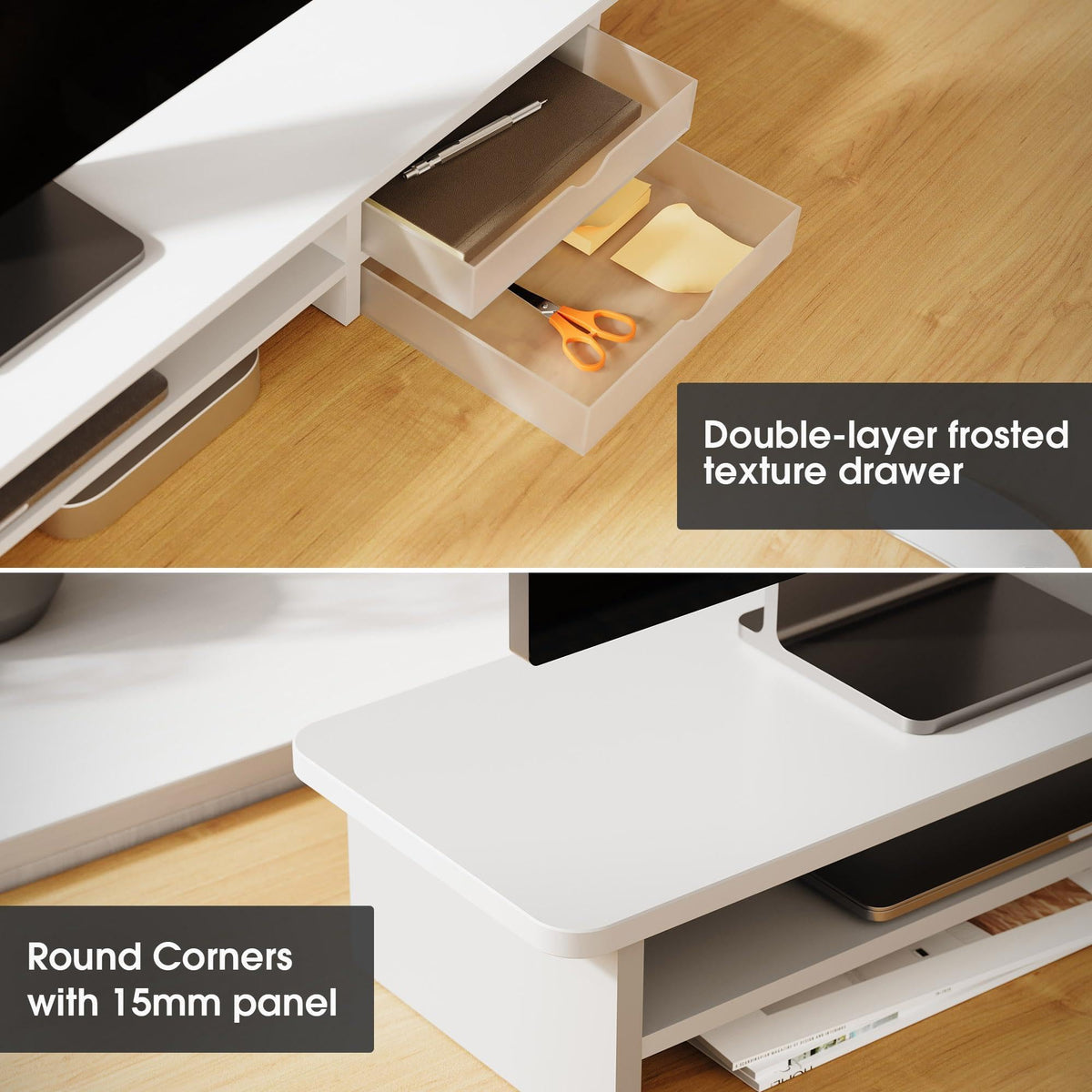 Fenge Monitor Stand, Desk Computer Riser with Frosted Storage Drawer, Oak