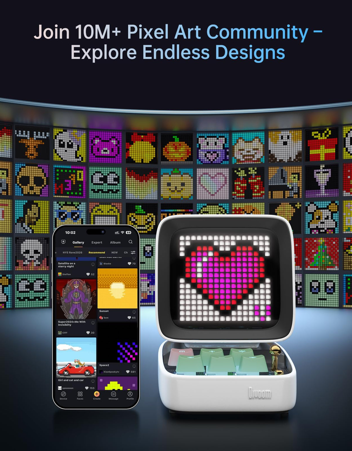 Divoom Ditoo Retro Pixel Art 15W Bluetooth Speaker,Cute Speaker with Alarm,White Noise & Mini Games,Iconic Desk Setup Speaker with 16X16 LED App Controlled Front Screen,Gifts for Anyone (Pink)