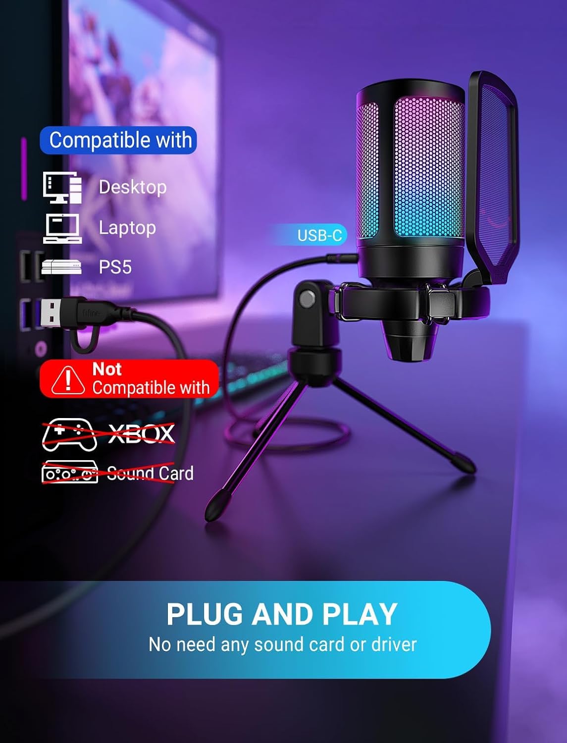 FIFINE AmpliGame A6V USB Gaming Microphone, Condenser RGB Mic for Streaming