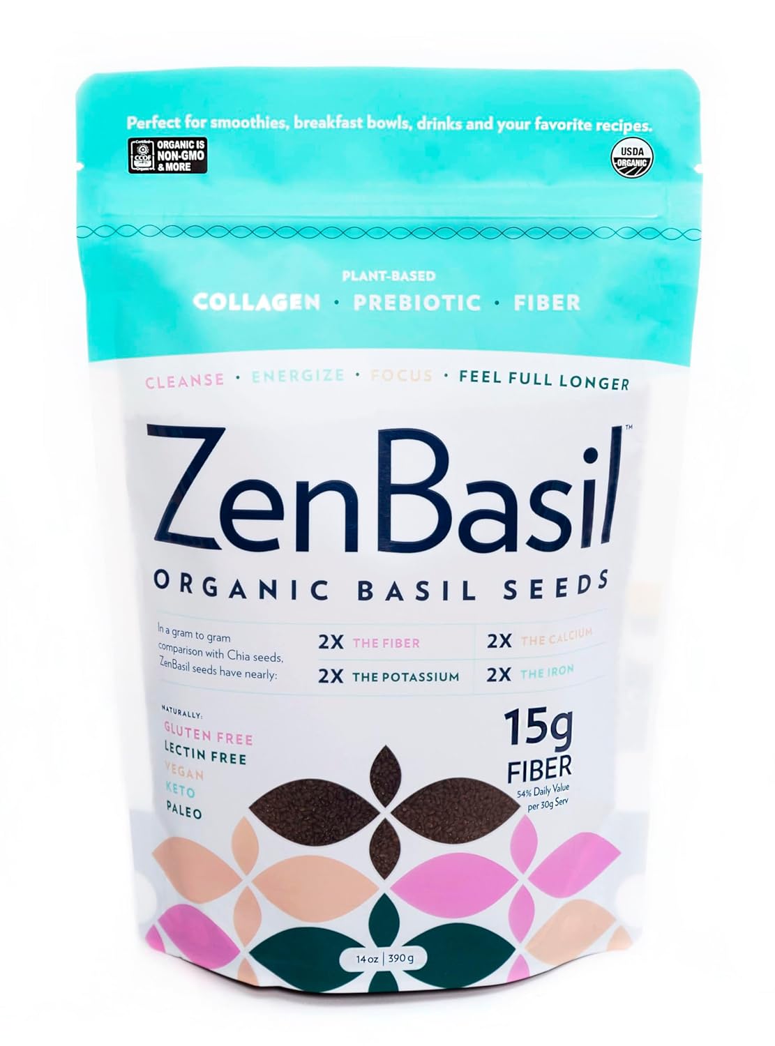 Zen Basil Seeds | edible basil seeds usda organic, kosher, non-gmo, lectin free, gluten free, plant based, keto, paleo, vegan | 15g fiber per/serv | 14oz | more fiber than chia seeds | prebiotic