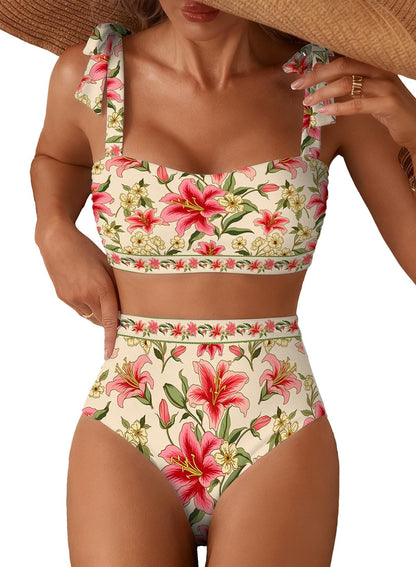 Herseas Women's Tie Shoulder Bikini Sets 2 Piece High Waisted Swimsuits