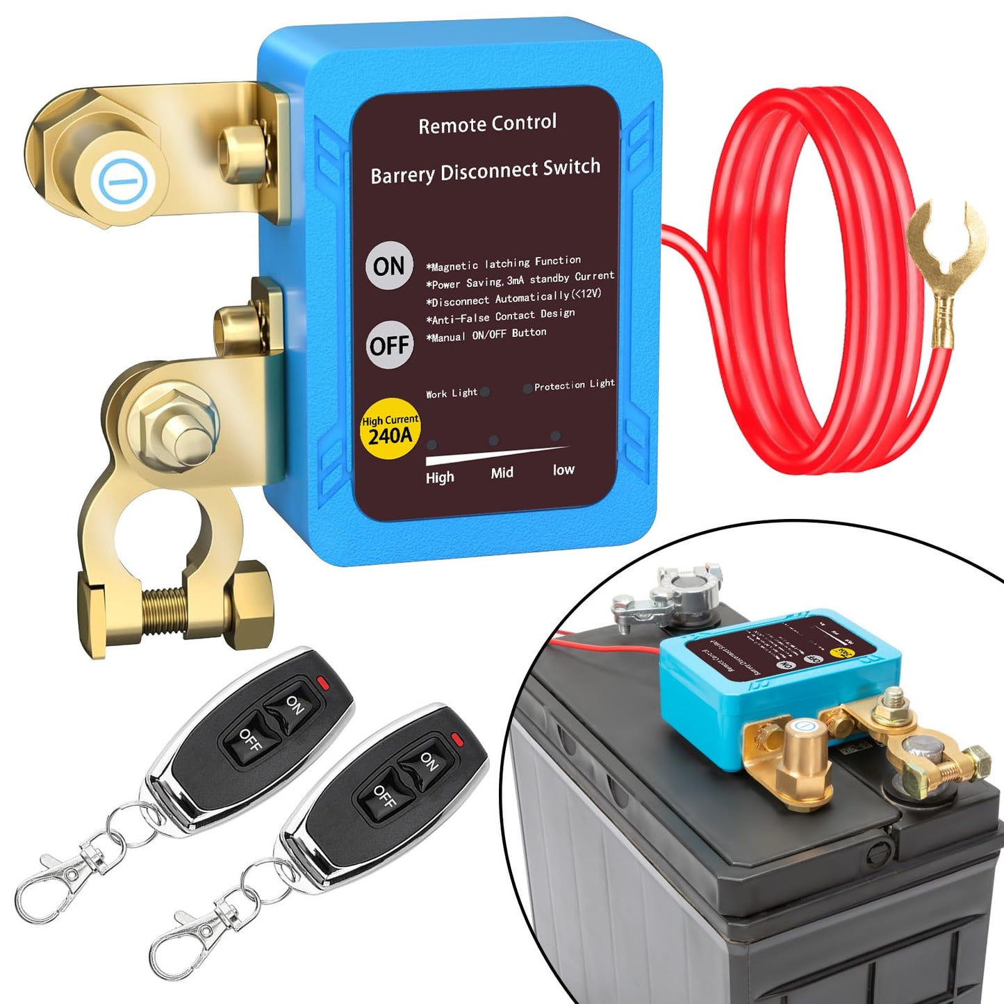 Remote Battery Disconnect Switch 12v, 250A, Upgrade Prevent Battery Drain, Disconnect Negative Car Kill Switch Anti-Theft, Remote Battery Kill Switch for Car, Truck, RV