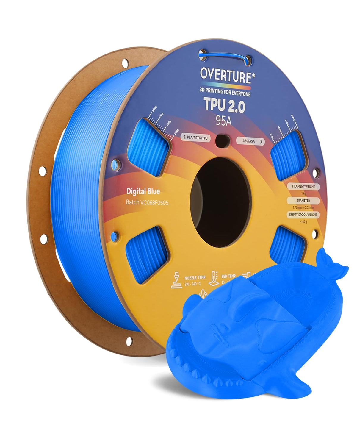 OVERTURE TPU 95A Flexible 3D Printer Filament 1.75mm, 1kg Black