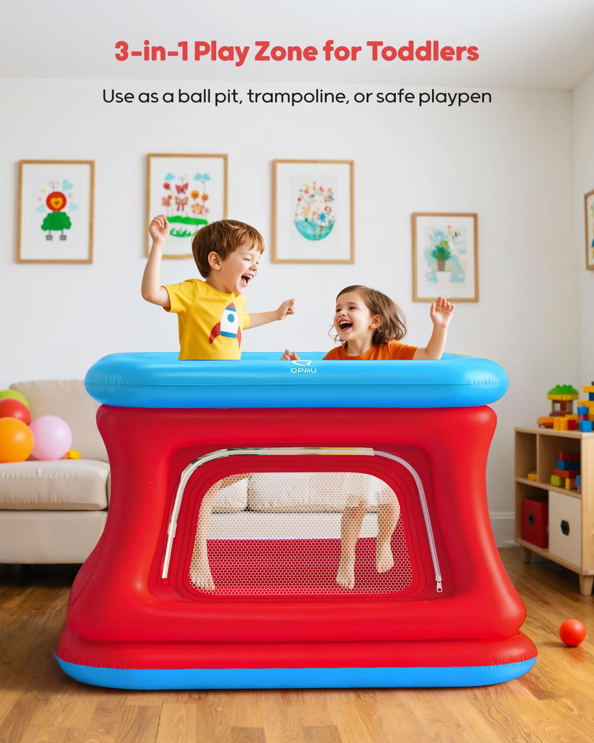 QPAU 3-in-1 Inflatable Bounce House with Pump for Toddlers 1-3