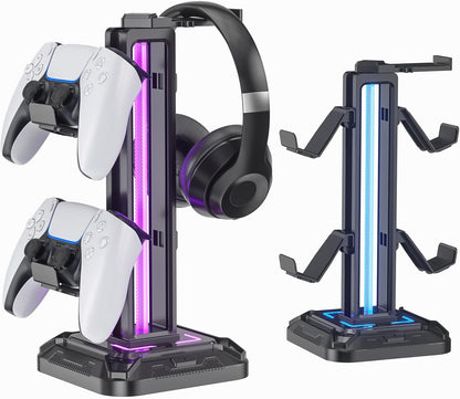 KDD RGB Headset Stand with 9 Light Modes - Controller Holder for Desk - Rotatable Headphone Stand & Detachable Controller Hook for PC Earphone Accessories(Black)